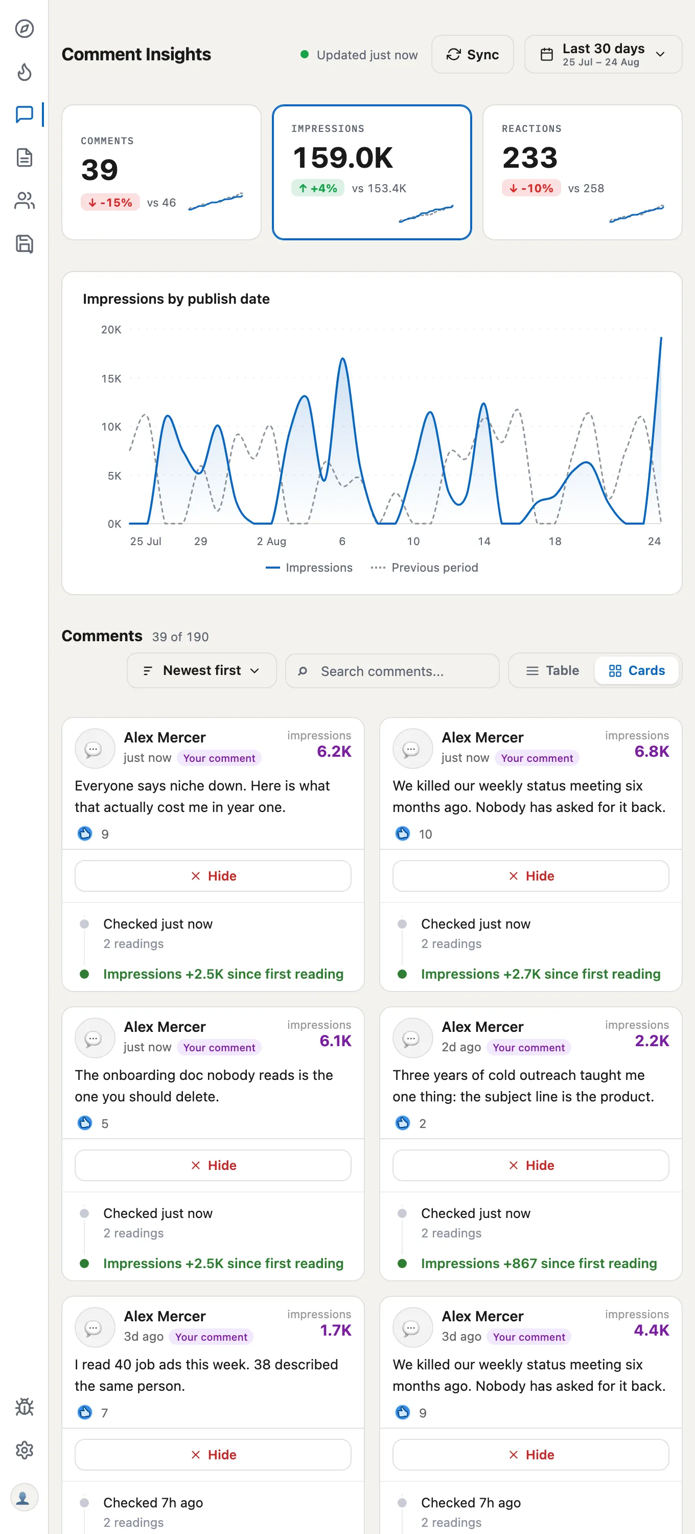 Comment Insights in the Earlybird panel: impressions and reactions over the last thirty days against the previous period, with individual comment cards below.