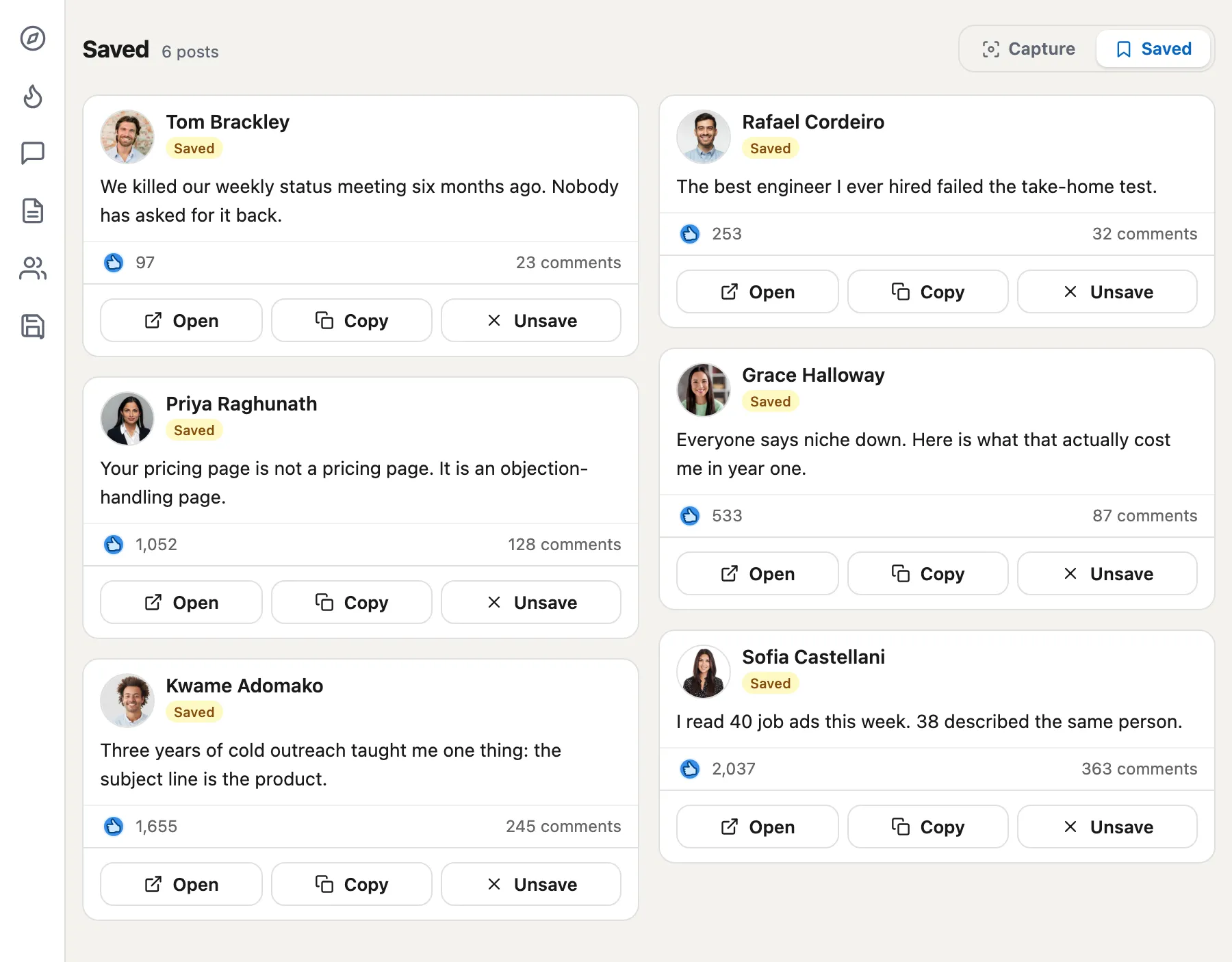 The Save tab of the Earlybird panel, showing six saved posts as cards with Open, Copy and Unsave actions.
